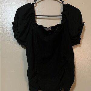 Black Puff-Sleeve Eyelet Blouse - Women's